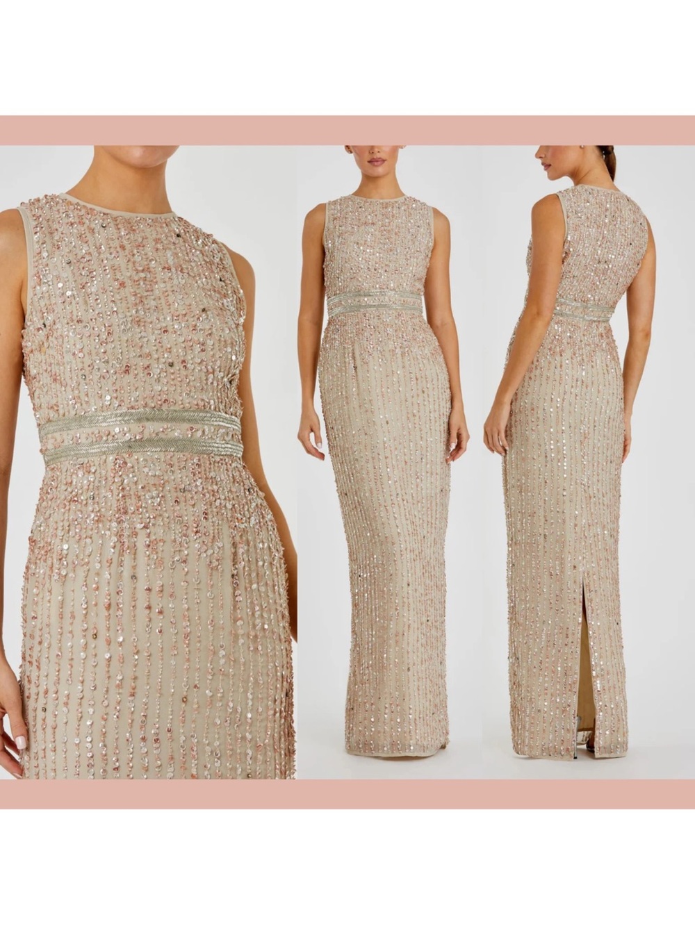 Mac Duggal Size 16 Beige 93603 Sequined High Neck Sleeveless Column Gown Dress